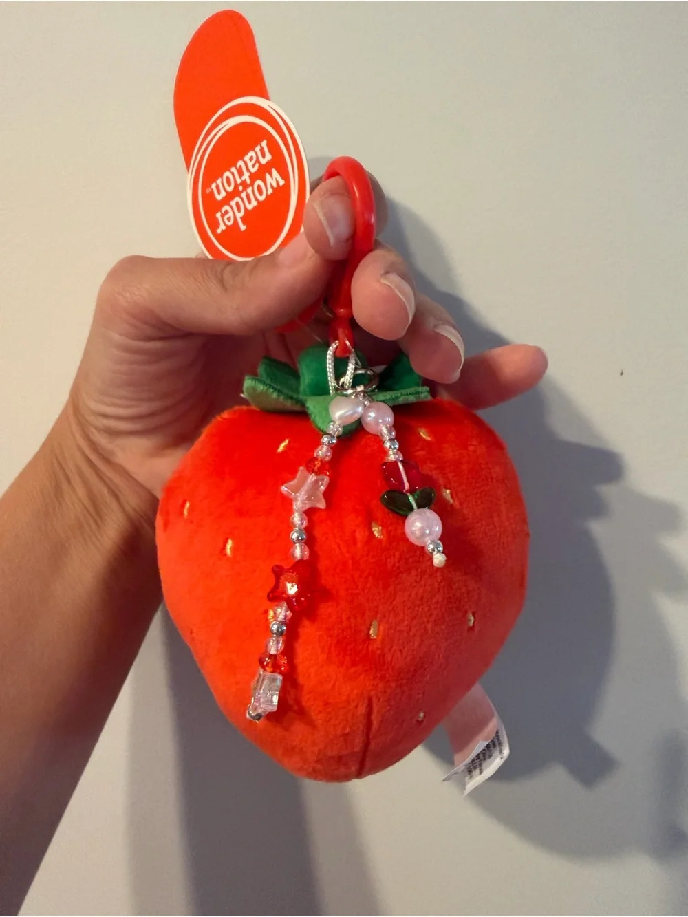 NWT Wonder Nation Girls Strawberry Plush Keychain Beaded Bag Backpack Charm, Red